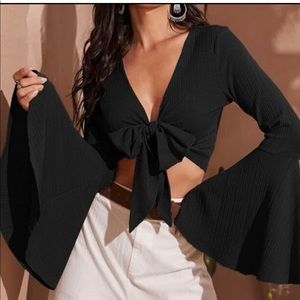 SHEIN Black Bell Sleeve Cropped Wrap Around Blouse, Knotted Tie Long Sleeve Top